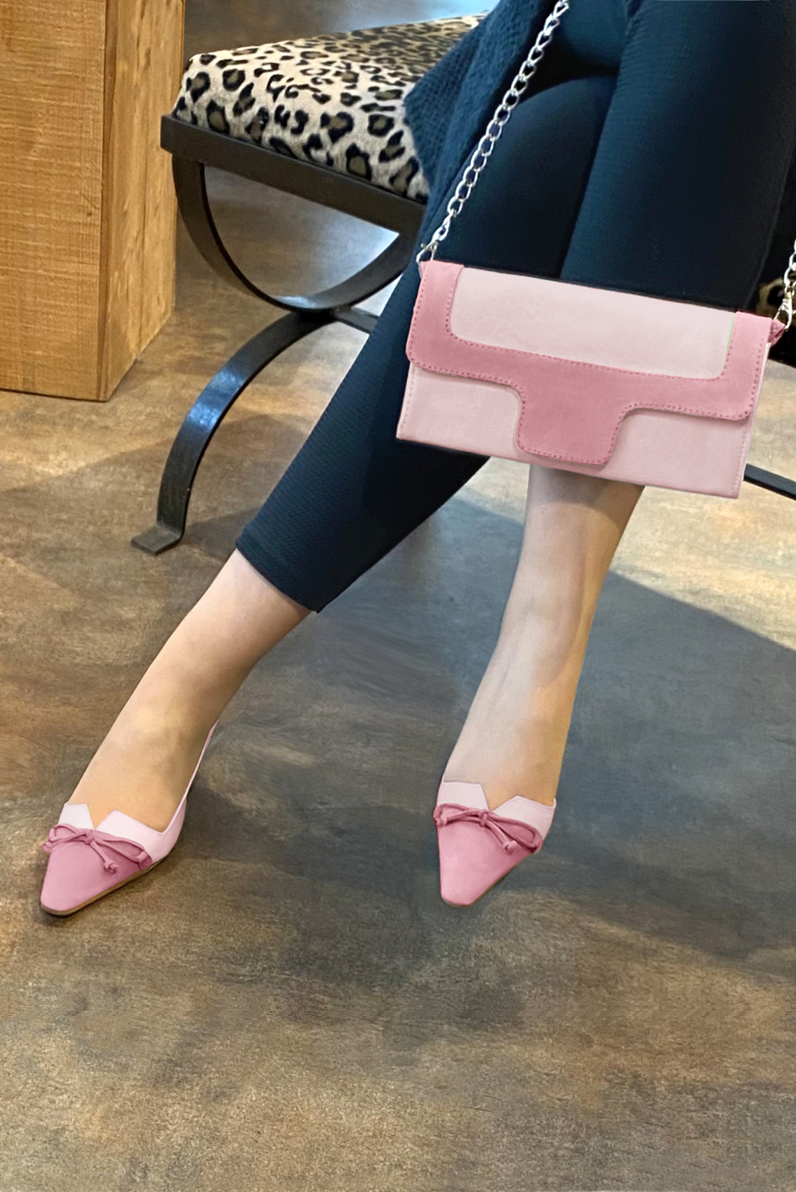 Carnation pink matching shoes and clutch. Worn view - Florence KOOIJMAN